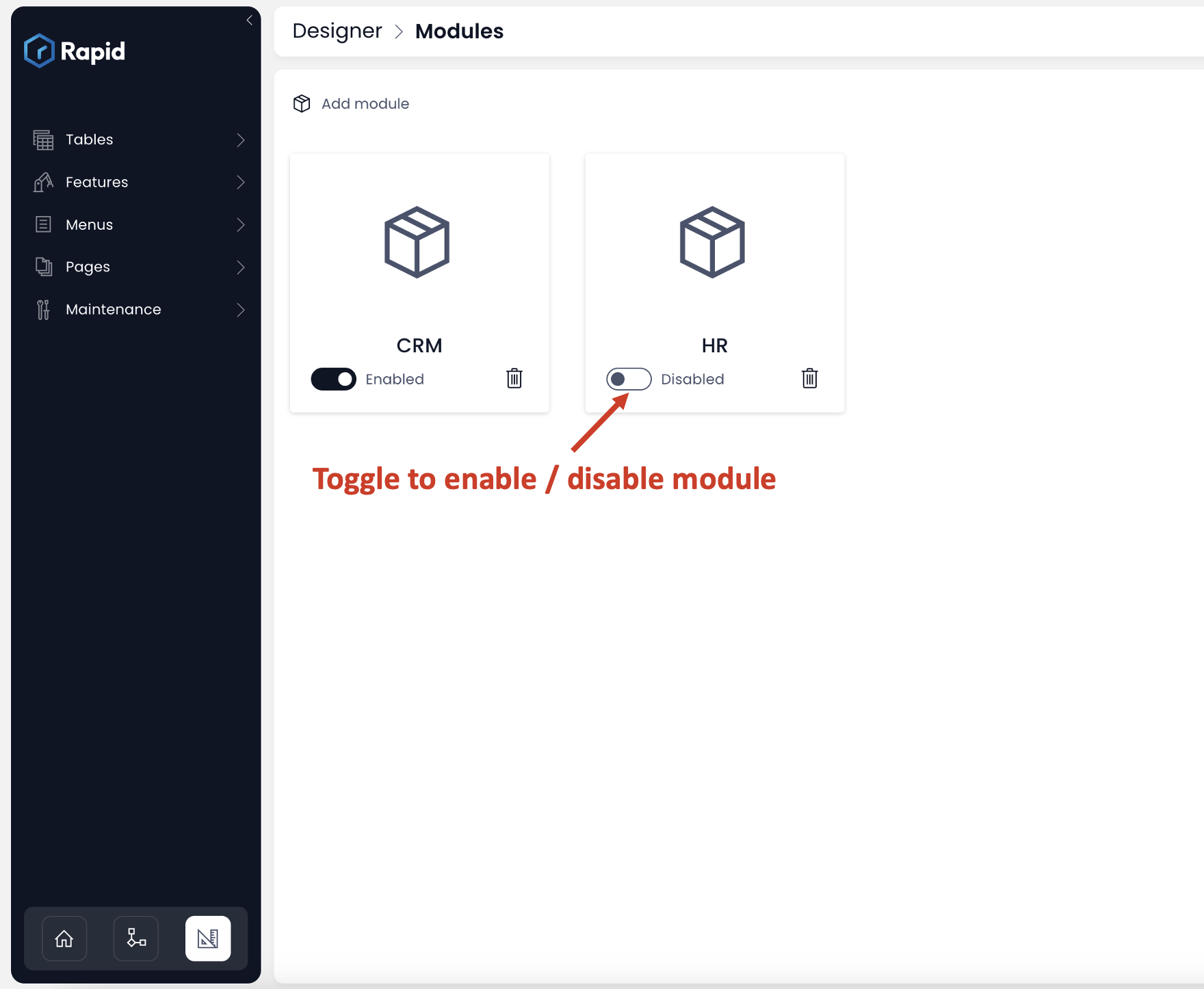Image showing how to toggle modules to enable / disable them